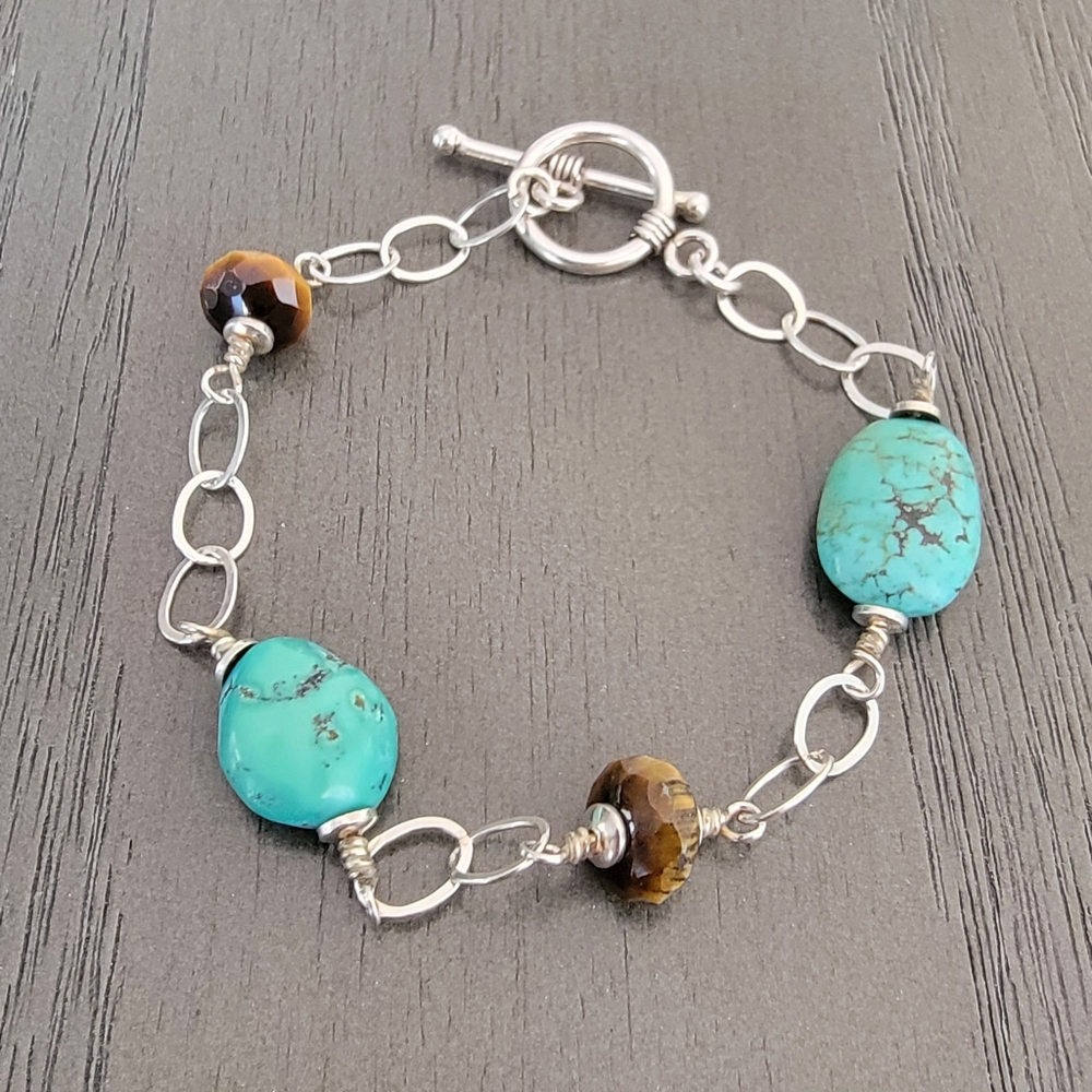 Women's Turquoise, Tiger eye, Sterling Silver, Toggle Bracelet